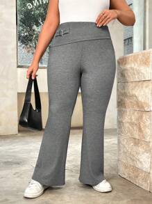 SHEIN Essnce Pantalon Évasé En Tricot Taille Haute Pour Femme De Grande Taille, Ajusté Et Mince, Pour Les Sports D'été Et Les Tenues Décontractées - Gris - Voir 2
