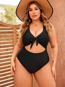 Swim Vcay Plus Size Summer Beach Solid Color Bow Front Hollow Out One-Piece Swimsuit