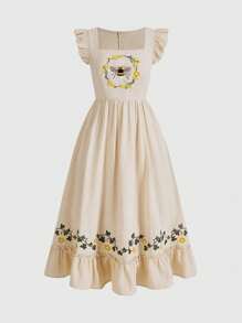 ROMWE Fairycore Plus Size Honey Bee & Plant Embroidery Cottagecore Beige Dress - Apricot - View 1