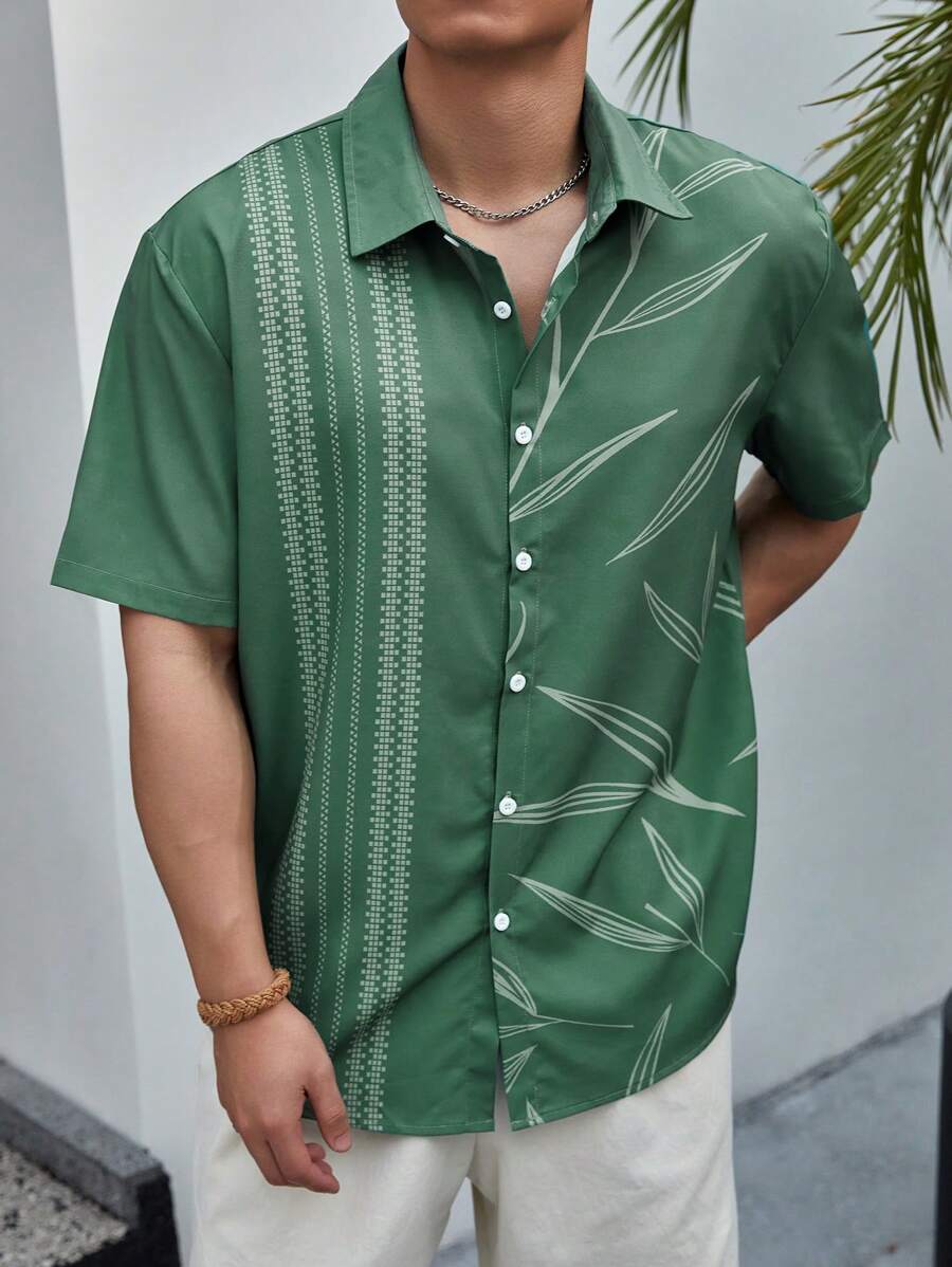 Manfinity RSRT Camisa Abierta De Botón De Manga Corta Con Estampado De Hojas Para Hombre - Verde - Ver 1
