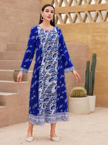 Al Najma Flower Printed Loose Round Neck Dress - Blue - View 7