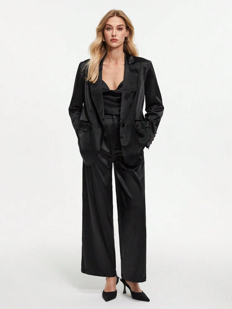 Women's One Button Solid Color Long Sleeve Suit Jacket And Pants Set