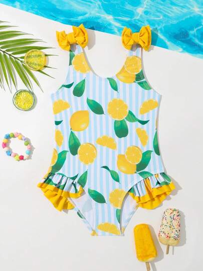 SHEIN Young Girls' Lemon Pattern One-Piece Swimsuit With Ruffle Trim And No Bound Edges