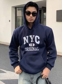 DAZY Men Letter Graphic Kangaroo Pocket Drawstring Hoodie - Navy Blue - View 7