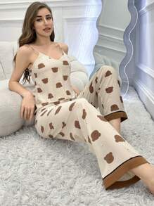 Bear Print V-Neck Cami Top And Pants Pajama Set - Multicolor - View 6