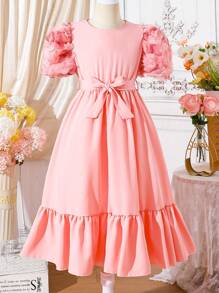 SHEIN Tween Girls' 3d Floral Bubble Short Sleeve Belted Dress - Pink - View 1