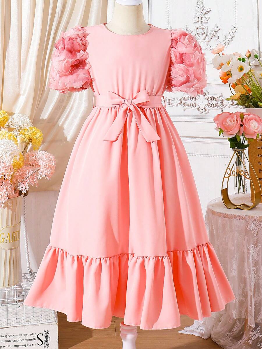 SHEIN Tween Girls' 3d Floral Bubble Short Sleeve Belted Dress - Pink - View 1
