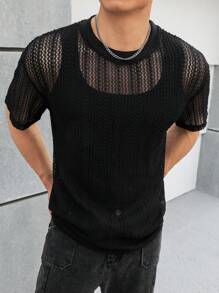 Manfinity Fever City 男士夏季休閒純色中空短袖T恤 - 黑色 - 查看 1