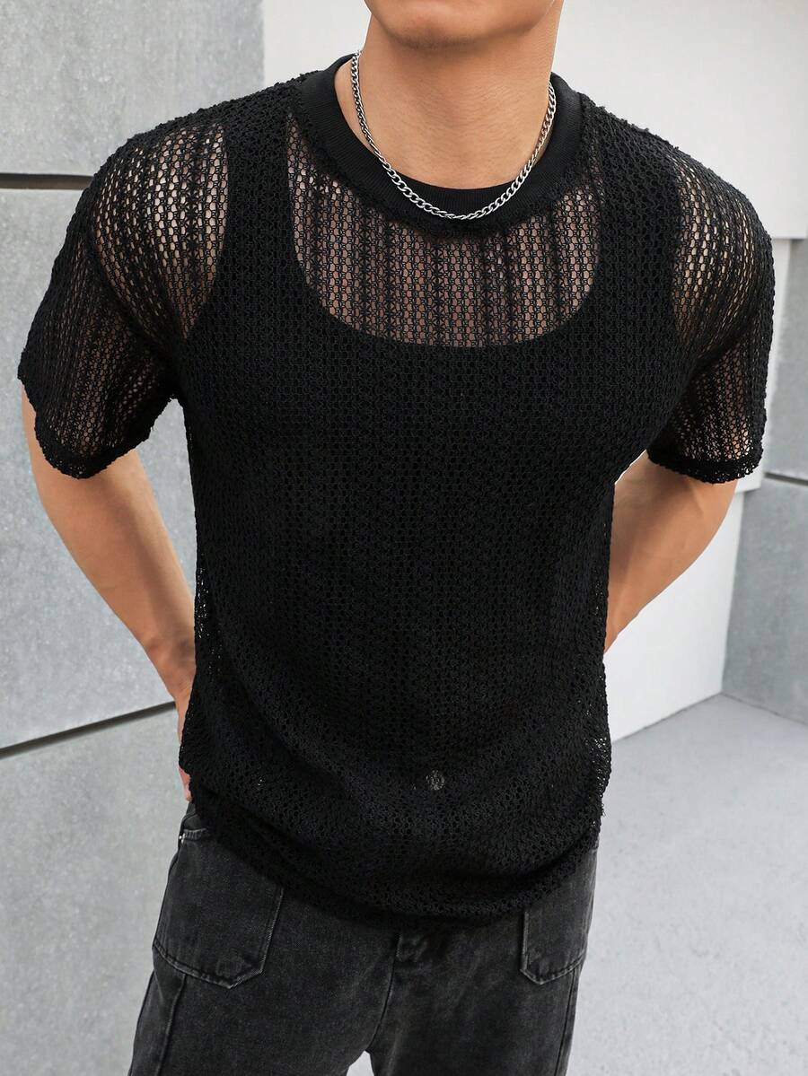 Manfinity Fever City 男士夏季休閒純色中空短袖T恤 - 黑色 - 查看 1