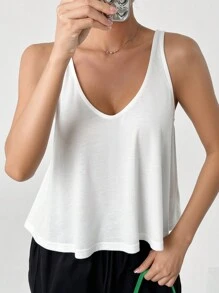 SHEIN EZwear Áo ba lỗ cổ chữ V màu trơn vừa vặn - trắng - Xem 4