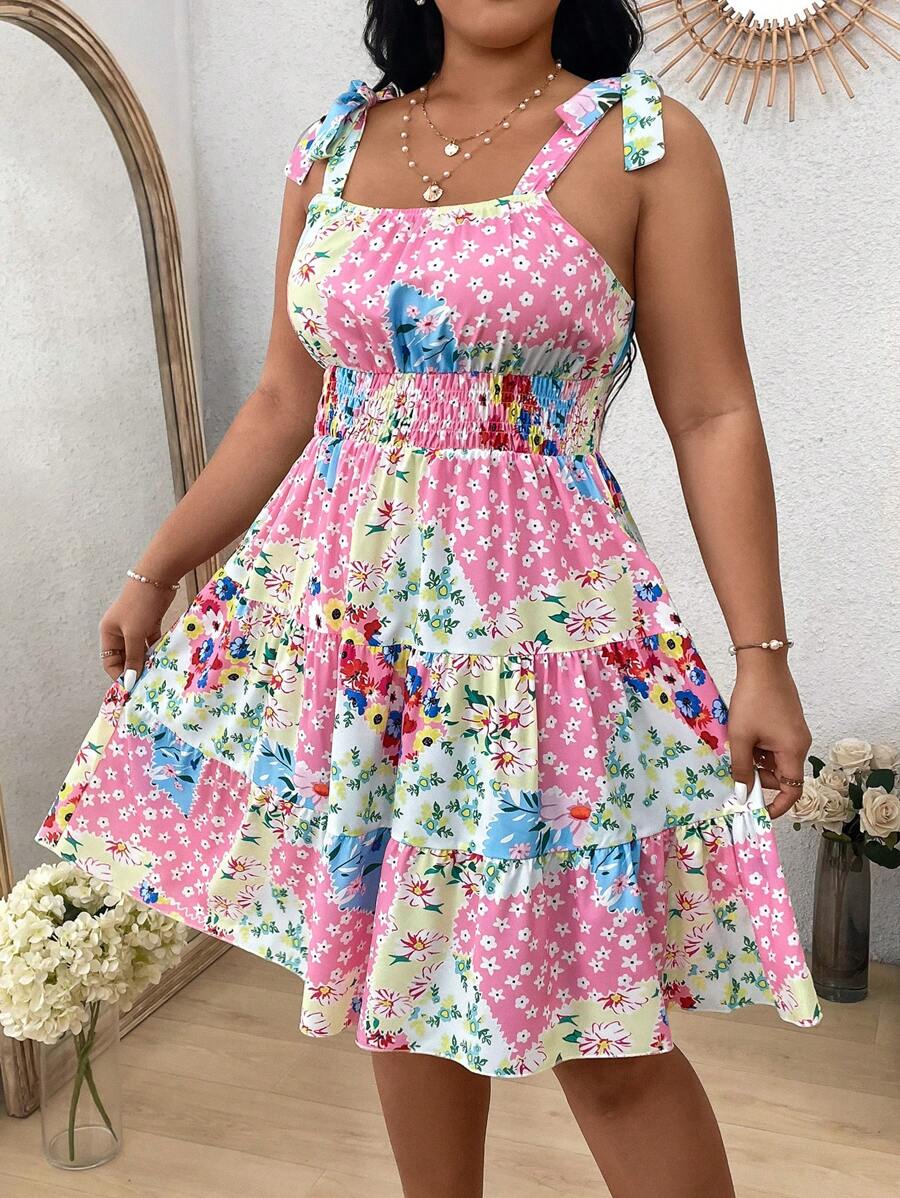 Flirla Vestido Camisola Con Hombros Descubiertos Y Estampado Floral De Patchwork De Talla Grande - Multicolor - Ver 1
