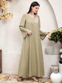 Al Najma Women's Beads Embroidered V-Neck Arabic Modest Full Length Dress - Khaki - View 7