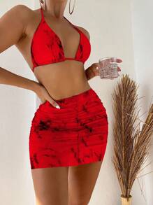 Swim SXY 3 stuks/set dames 2025 tie-dye halternek sexy micro driehoek print bikini set met doorschijnende cover-up mini rok, zomer