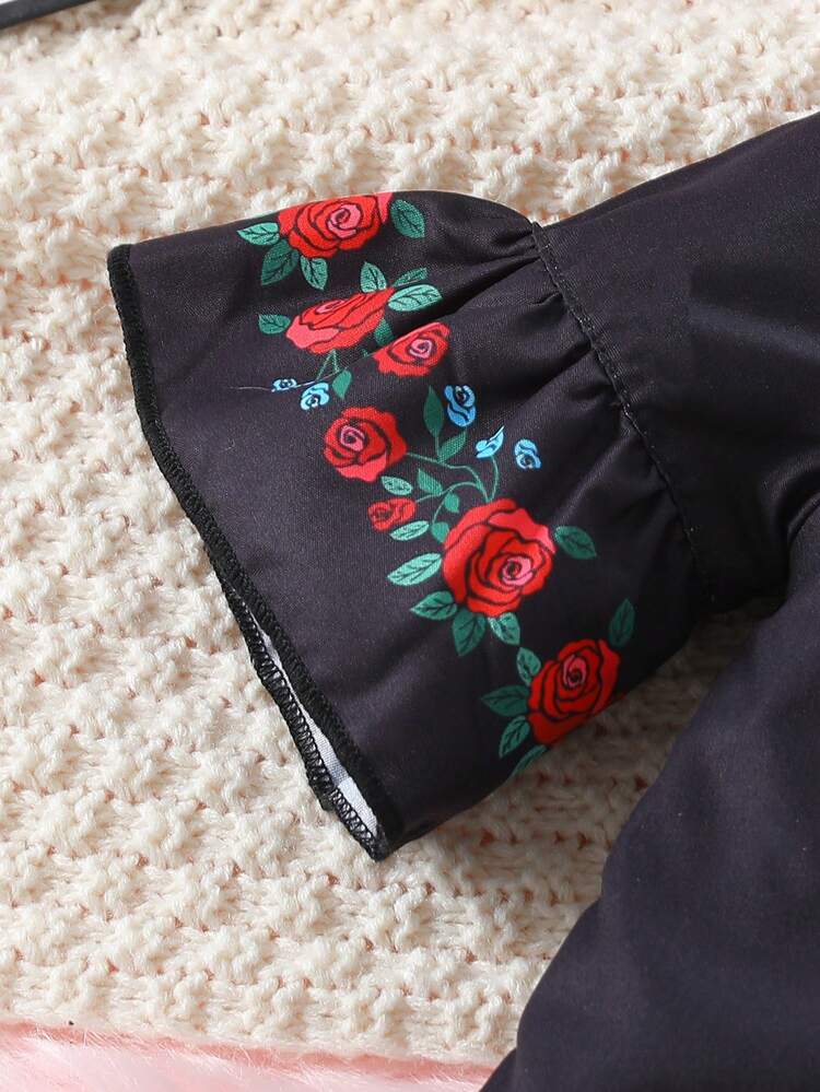 Baby Girl's Bohemian Style Rose Print Straight Dress With Mid-Length Sleeves