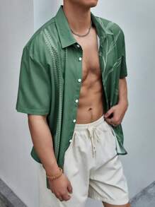 Manfinity RSRT Camisa Abierta De Botón De Manga Corta Con Estampado De Hojas Para Hombre - Verde - Ver 3