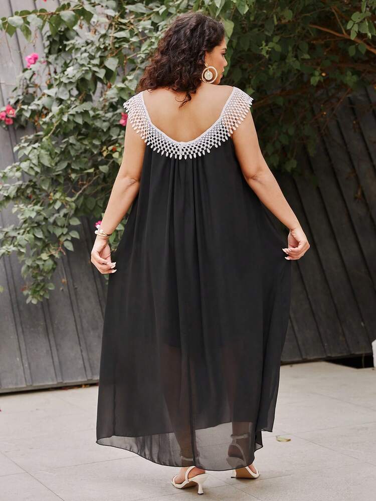 Plus Size Patchwork Water-Soluble Lace Off Shoulder Dress