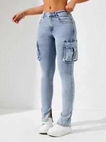 SHEIN Privé 修身版型牛仔貨褲 - 淺色水洗藍 - 查看 6