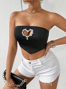 SHEIN Slayr Của phụ nữ Không tay Cổ Trái tim Đồ trang trí Rhinestone Xu hướng: Cắt giảm Áo ba lỗ - màu đen - Xem 4