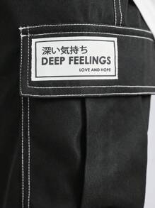 SHEIN Jardineira Fofa Para Meninas Tween Com Bolso, Cintura Média, Calça Reta Com Costura De Cor Contrastante - Preto - Ver 6