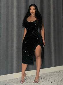 Slaydiva Slayr 加大码优雅亮片紧身开衩连衣裙，适合情人节、派对、约会之夜、俱乐部装扮 - 黑色 - 查看 2