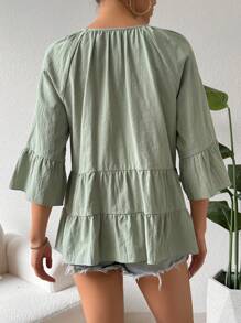 SHEIN Essnce 女士休闲度假薄荷绿色分层荷叶边袖彼得潘领亚麻衬衫夏季