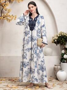 Al Najma 缺口 V 领印花休闲日常长袖衬衫、端庄全长 Jalabiya、休闲长袖连衣裙、卡夫坦 - 藍色 - 查看 7