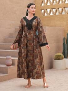 Al Najma Arabian Dresses Berikat Kontras Lace Paisley Anggun Modest - MultiWarna - View 3