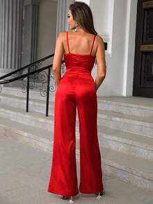 Joyfunear Women's Solid Color Ruched Camisole Wide Leg Elegant Jumpsuit - Red - View 2