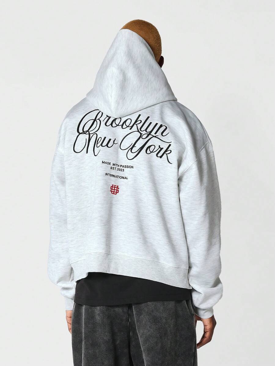 SUMWON Regular Fit Overhead Hoodie With Front And Back Embroidery - Light Grey - View 1