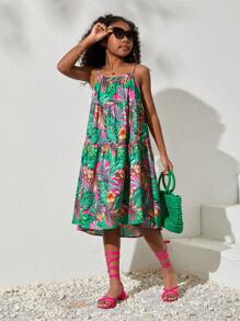 SHEIN Tween Girls' Casual Loose Fit Tropical Plant Printed Spaghetti Strap Dress, Spring/Summer - Hot Pink - View 3
