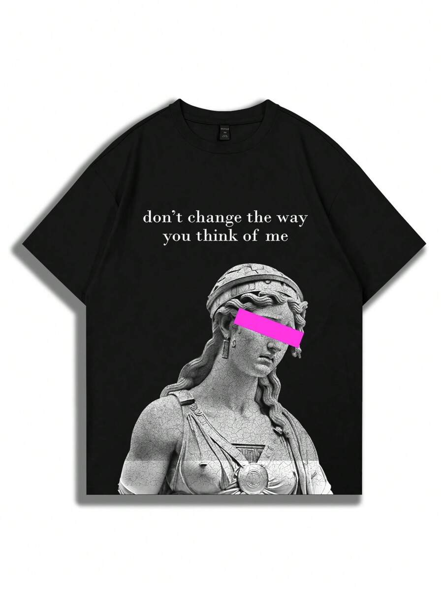 Morninghabits 男士趣味雕塑標語印花短袖圓領t卹適合春季和夏季日常穿著 - 黑色 - 查看 1