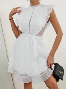 Breezaya High Neck Multi-Layer Ruffle Trim Waist Cinched Dress