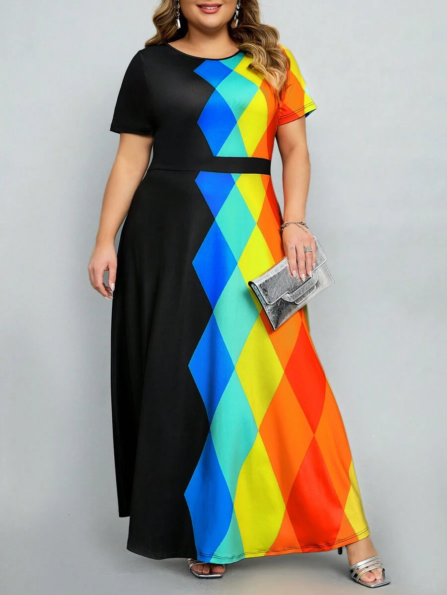 SHEIN Lady Kích thước lớn Của phụ nữ Hình học In Ngắn tay Đầm - Nhiều màu - Xem 1