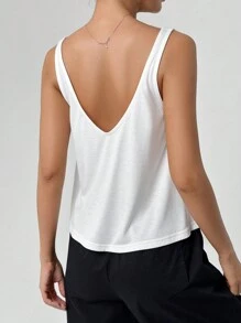 SHEIN EZwear Áo ba lỗ cổ chữ V màu trơn vừa vặn - trắng - Xem 2