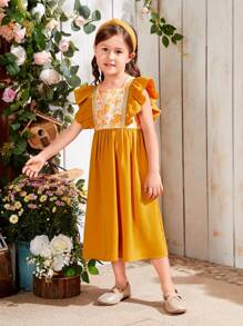 SHEIN Young Girls' Printed Patchwork Ribbon Detail Ruffle Hem Loose Casual Dress - Yellow - View 4