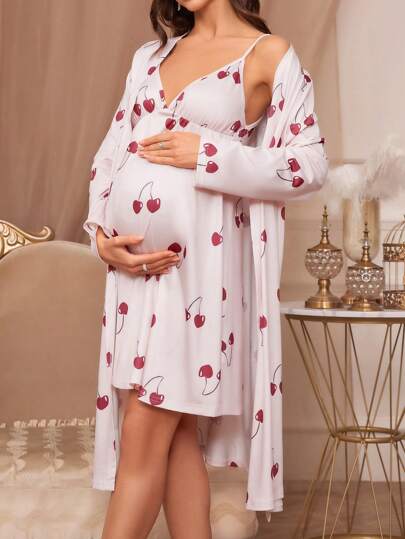 Moonlight & Mama Maternity Cherry Printed Cami Sleep Dress And Long Sleeve Robe Pajama Set For Mother, Fall Clothes