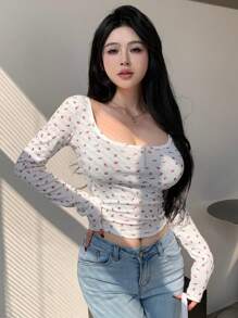 DAZY Floral Printed Half Sleeve Crop Top T-Shirt Long Sleeve Women Tops,Fall Women Clothes