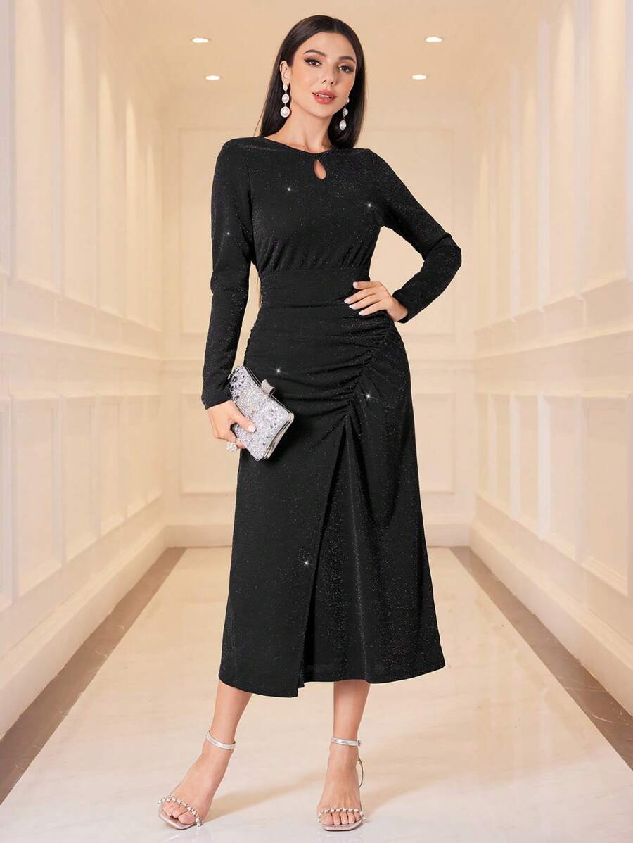 Modelyn Sparkling Pleated Slit Dress - Black - View 1