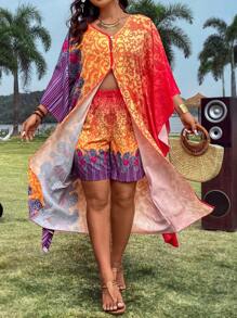 SHEIN LUNE Conjunto De Camisa Y Pantalones Cortos Estampados De Corte Holgado Para Mujer De Talla Grande