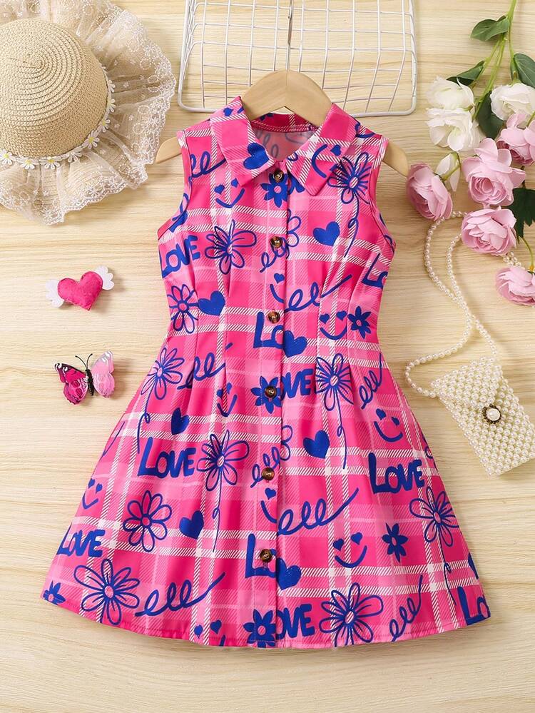 Young Girls' Plaid & Letter Pattern Sleeveless Shirt Dress