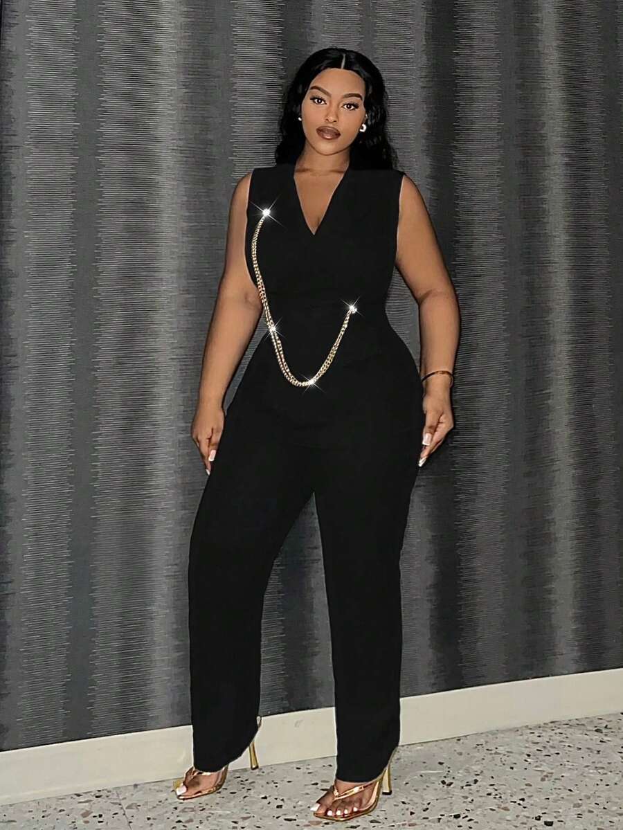 Slaydiva Plus Size Chain Decor Sleeveless Top And Pants Set - Black - View 1