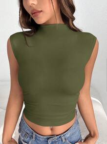 SHEIN EZwear 女士純色立領針織背心，適用於夏季 - 軍綠色 - 查看 5