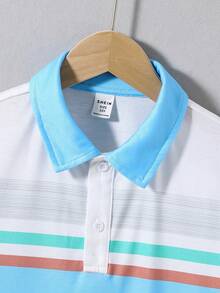 SHEIN Cậu bé Tween Lỏng lẻo Sọc Tương phản Khối màu Áo polo , Giải trí - Màu xanh nhạt - Xem 5