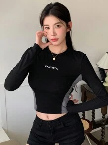 DAZY Women's Colorblock Letter Printed T-Shirt,Fall Clothes Long Sleeve Women Tops Crop Women Tops Cute Tops - Black - View 6