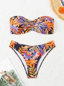 SHEIN Swim 女士热带树叶印花交叉肩带比基尼套装 夏季 - 彩色 - 查看 3