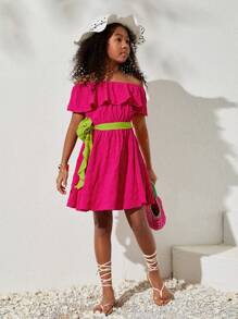 SHEIN Vestido Sin Hombros De Verano Y Primavera Y Vestido Casual Plisado Para Niñas Preadolescentes