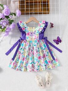 SHEIN 年輕女孩的編織花卉方領荷葉邊休閒假期連衣裙 - 彩色 - 查看 2