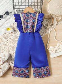 Baby Girl Spring/Summer Classic Printed Cap Sleeve Festival Jumpsuits In Elegant, Gorgeous, Cute And Casual Styles, In Blue - Multicolor - View 2