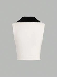 SHEIN Unity Women's Colorblock Draped Shawl Collar Sleeveless Knitted Top - Black and White - View 2