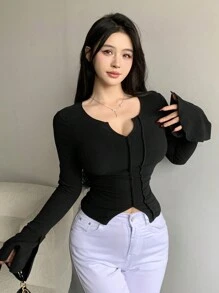 DAZY 合身長袖t恤,配搭嵌縫飾邊、燕尾袖及開叉領線設計 - 黑色 - 查看 5